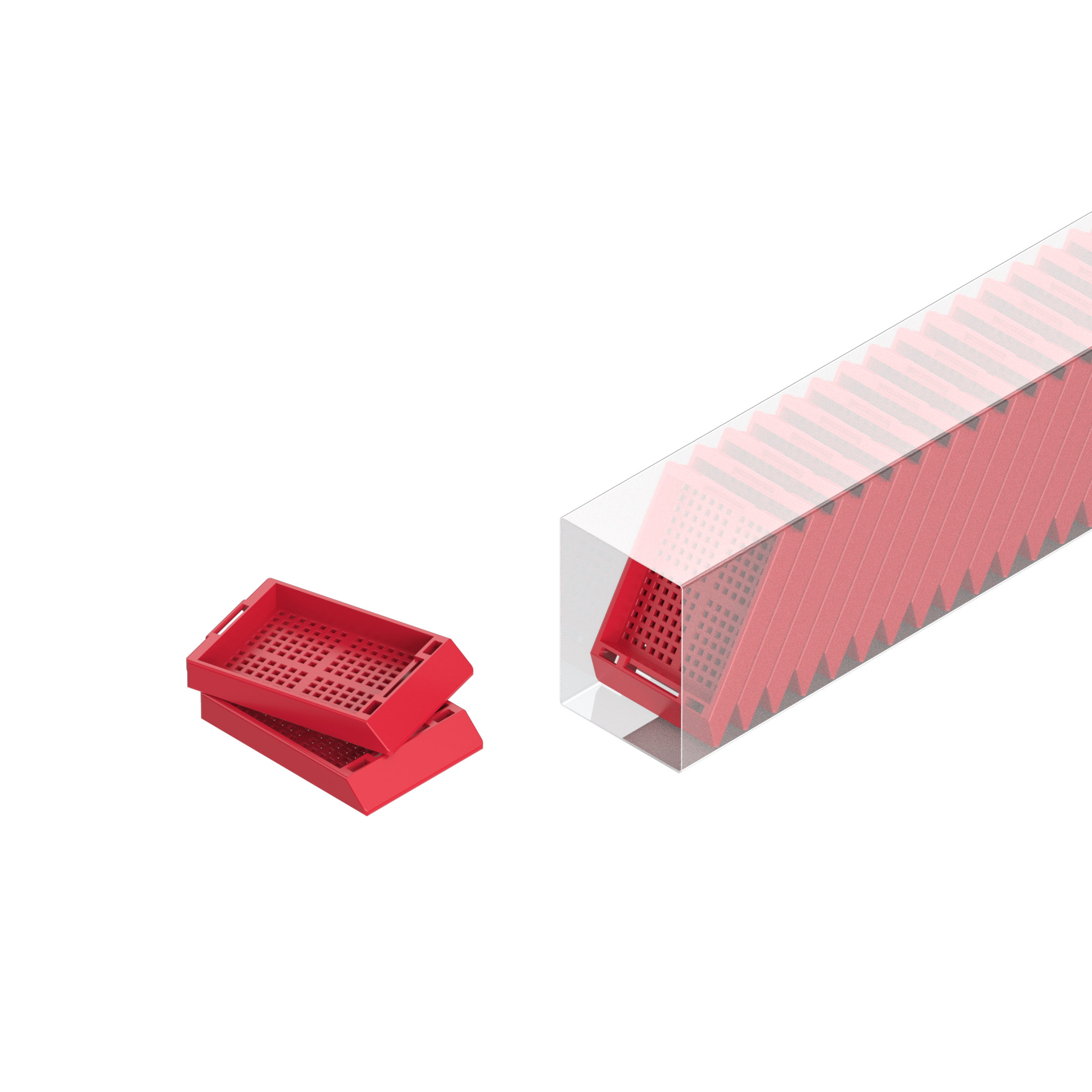 Einbettkassetten - Biopsie rot ohne Deckel im Magazin